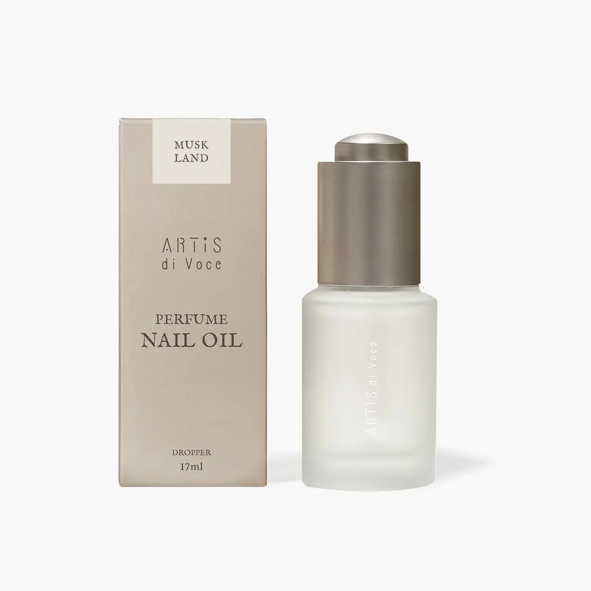 ARTiS di Voce Perfume Nail Oil Musk Land, a 17ml frosted dropper bottle beside its box