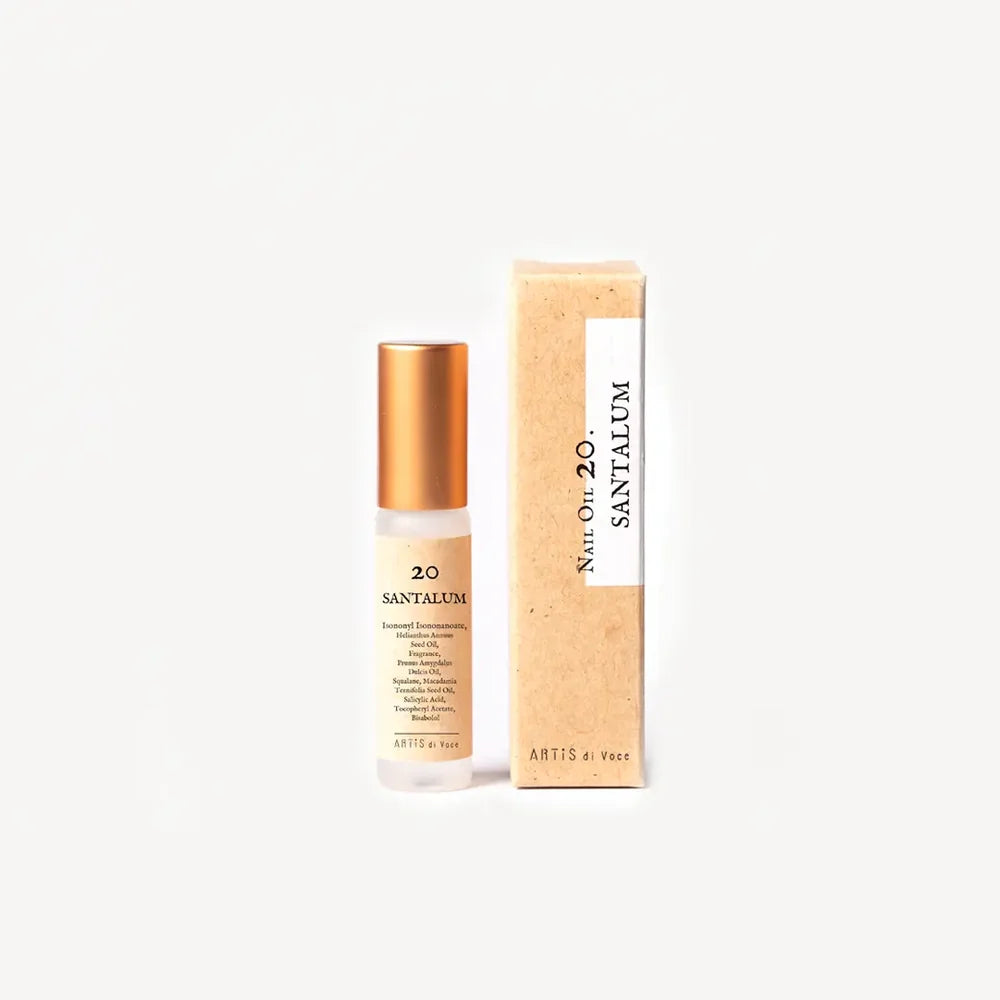 ARTiS di Voce Nail Oil 20 Santalum, a frosted rollerball with a copper cap beside its box