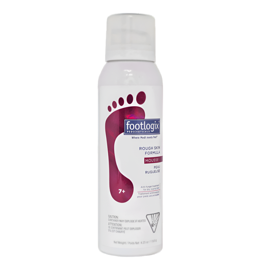 Footlogix Rough Skin Formula mousse, a white 125ml can with a magenta footprint