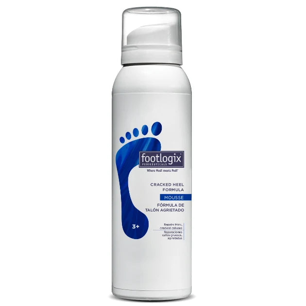 Footlogix Cracked Heel Formula mousse, a white 125ml can with a blue footprint
