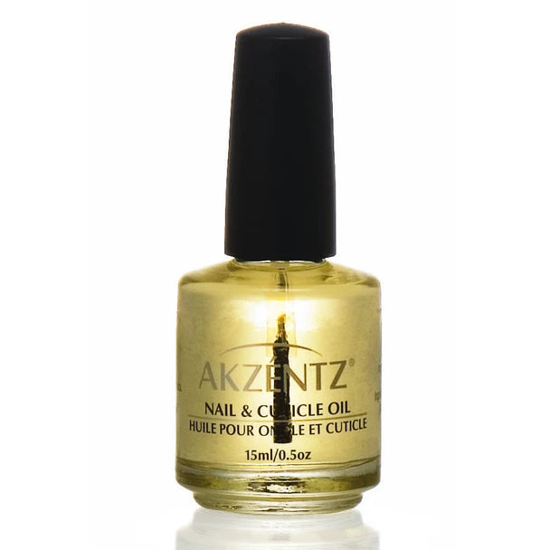Akzentz Nail and Cuticle Oil, a 15ml glass bottle of golden oil with a black brush cap