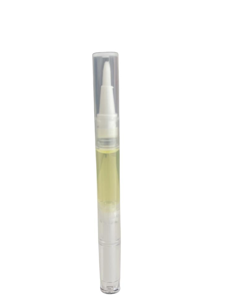 A clear twist-action cuticle oil pen with a brush nib and pale yellow oil