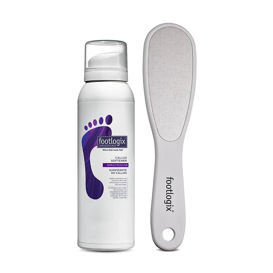 Footlogix Callus Softener spray can beside a grey stainless steel double-sided foot file